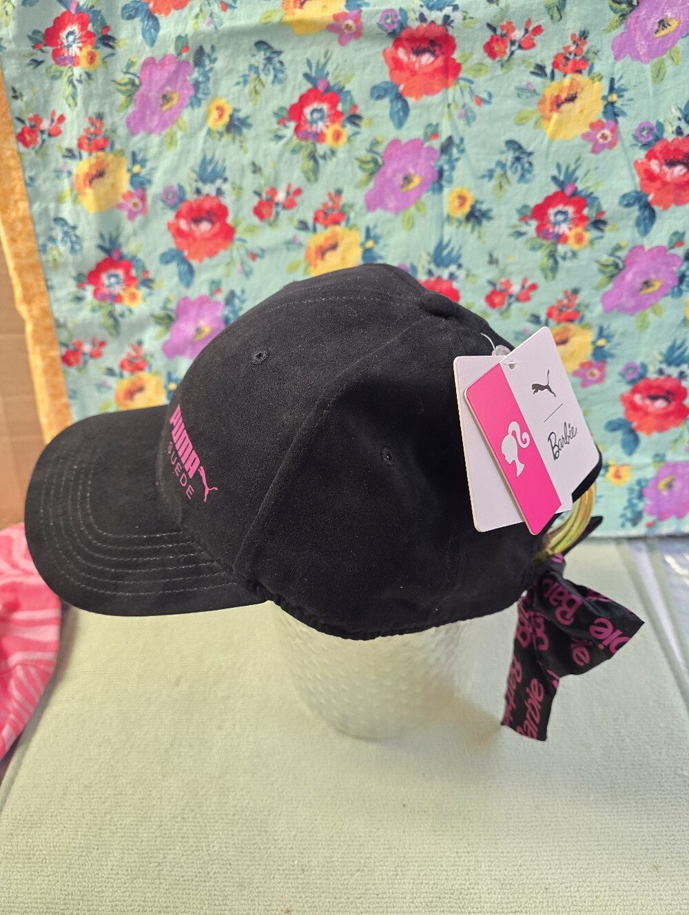 PUMA x Barbie Black Suede Ball Cap with Pink Logo Lettering Bow OSFA 2018 50th
